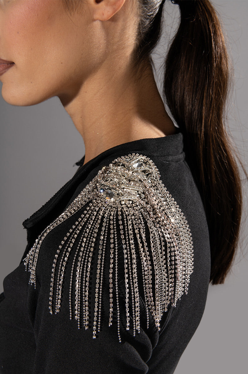 ALIGNED RHINESTONE SHOULDER WRAP SWEATSHIRT