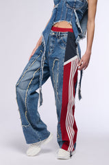 ALL AROUND THE WORLD PATCHWORK DENIM JOGGER PANT IN RED MULTI