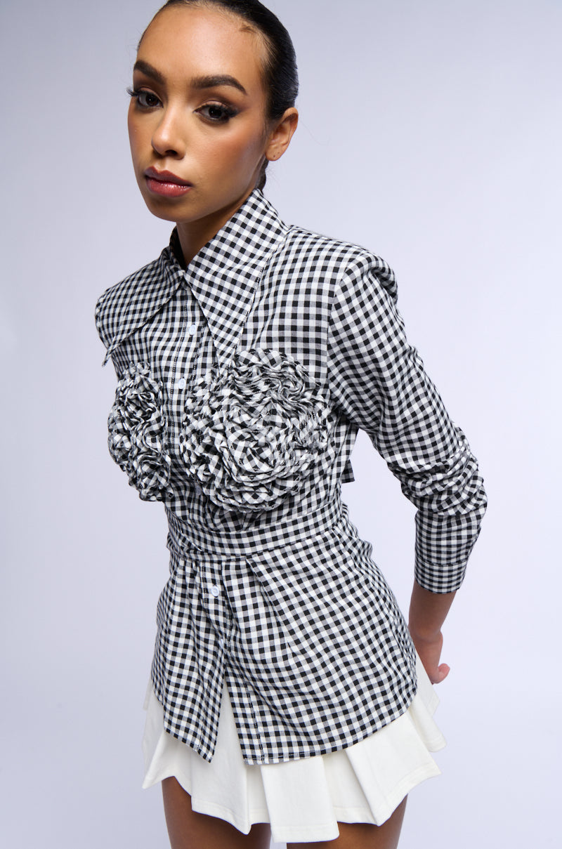 AMINA GINGHAM COLLARED LONG SLEEVE BLOUSE