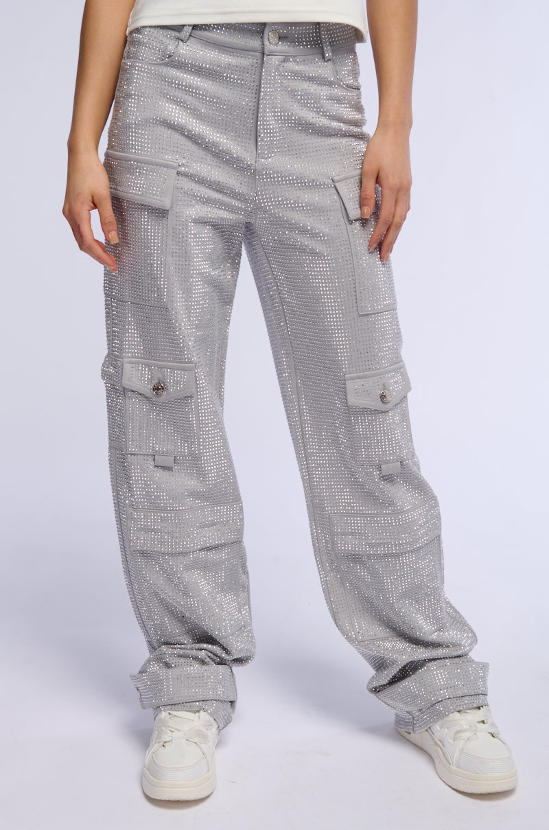 AMMO BONNE SOIREE RHINESTONE CARGO PANTS IN GREY