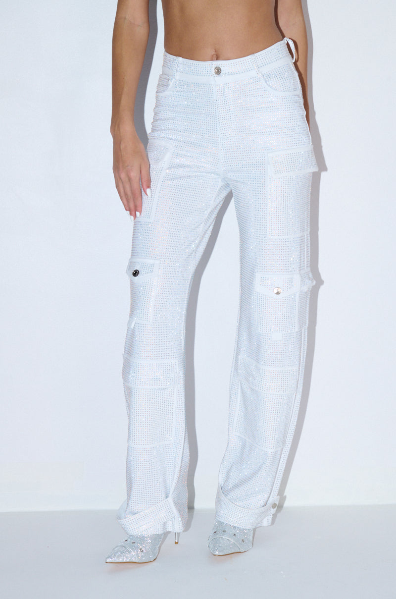 AMMO BONNE SOIREE RHINESTONE CARGO PANTS IN WHITE