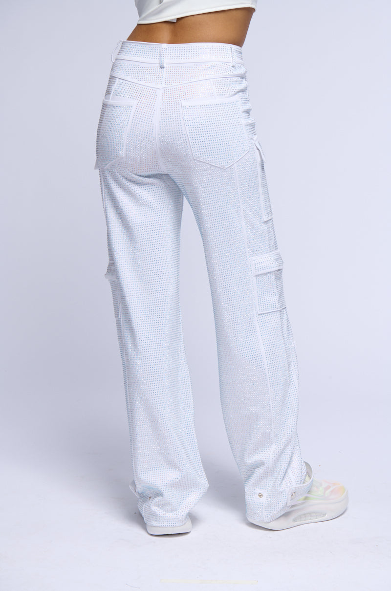 AMMO BONNE SOIREE RHINESTONE CARGO PANTS IN WHITE