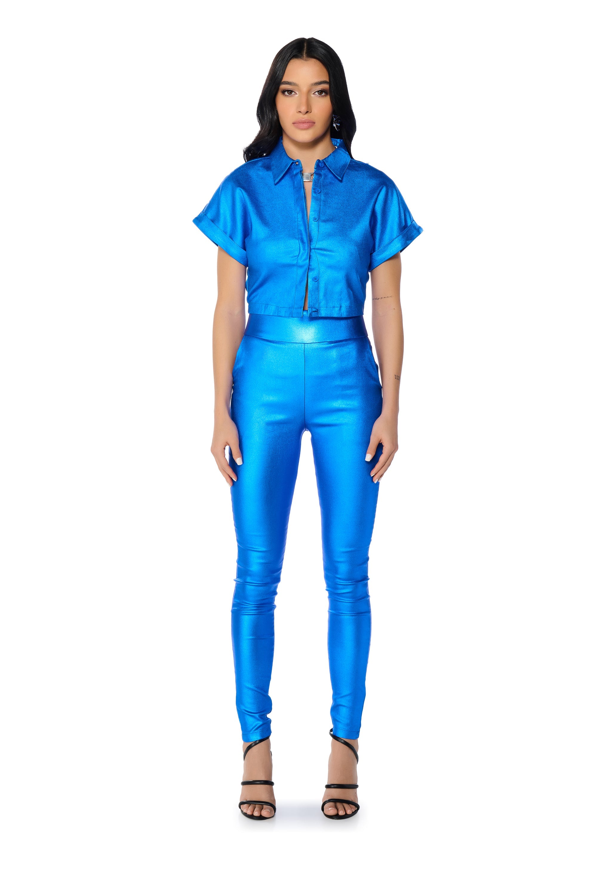 AMMO X AKIRA BIG BOOTY HIGH WAIST FAUX LEATHER PANT IN BLUE