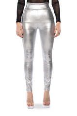AMMO X AKIRA BIG BOOTY HIGH WAIST FAUX LEATHER PANT IN SILVER