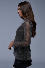 AN ELEGANT EVENING RHINESTONE MESH COLLARED BLOUSE