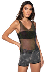 ANGEL SLEEVELESS RHINESTONE MESH TOP IN BLACK