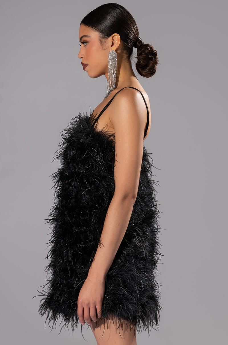 ANYTHING AND EVERYTHING STRAPLESS FEATHER MINI DRESS
