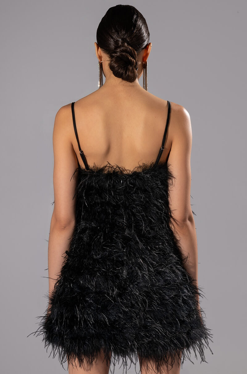 ANYTHING AND EVERYTHING STRAPLESS FEATHER MINI DRESS