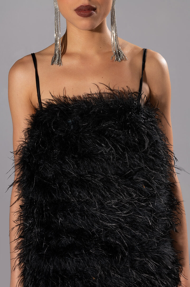 ANYTHING AND EVERYTHING STRAPLESS FEATHER MINI DRESS