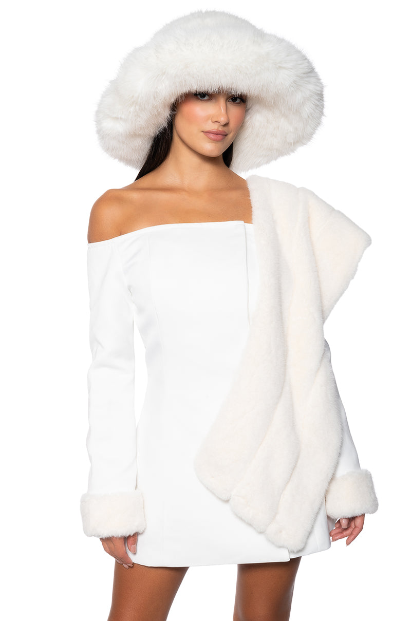 APRES SKI OFF SHOULDER FAUX FUR MINI DRESS