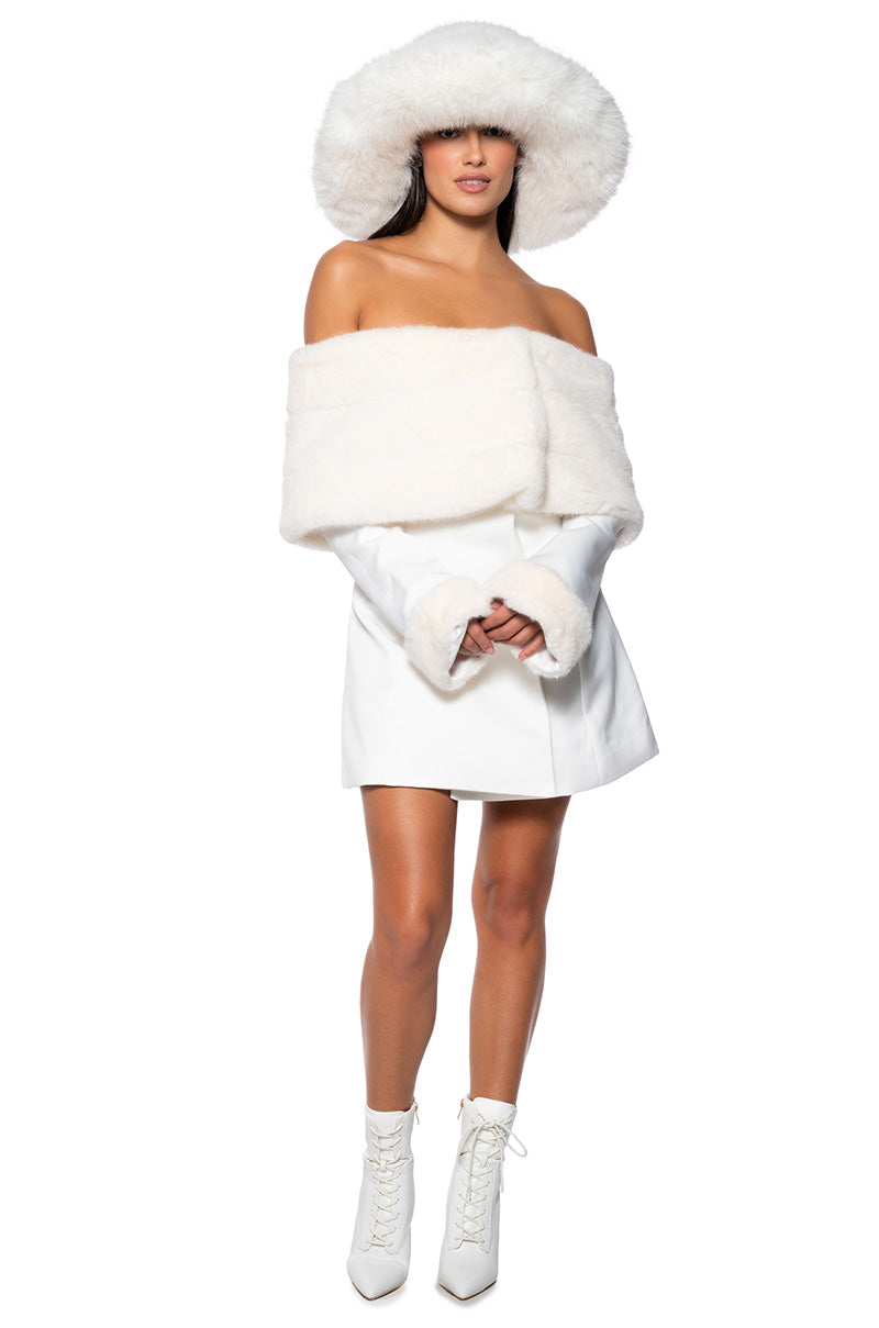 APRES SKI OFF SHOULDER FAUX FUR MINI DRESS