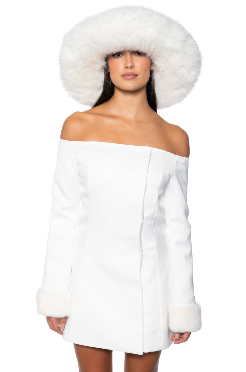 APRES SKI OFF SHOULDER FAUX FUR MINI DRESS