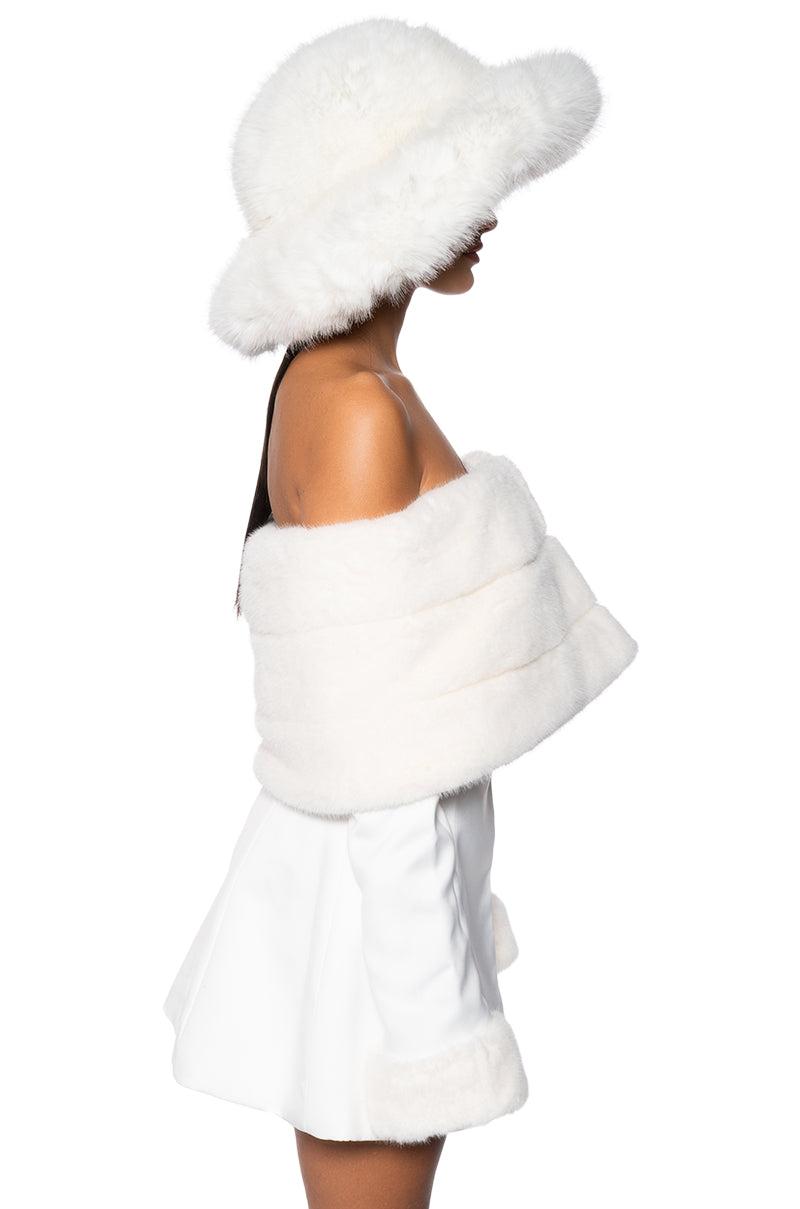 APRES SKI OFF SHOULDER FAUX FUR MINI DRESS