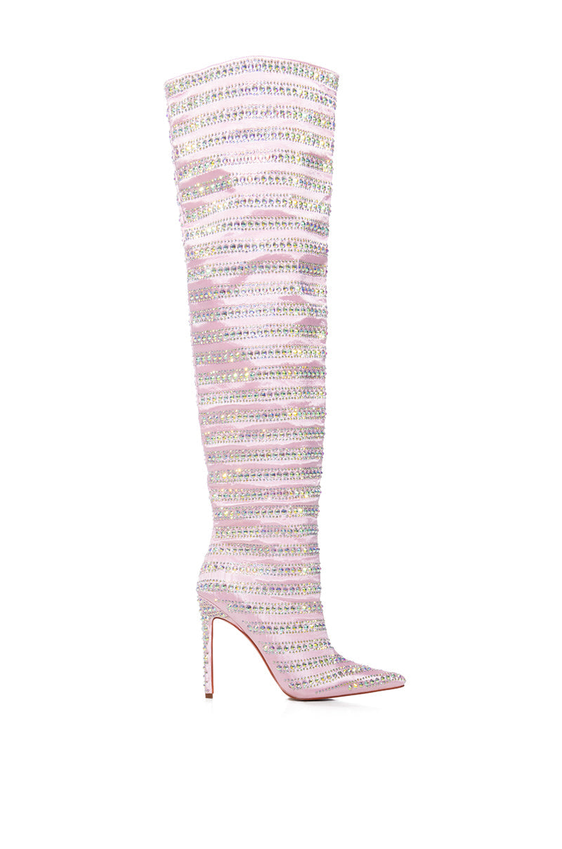 AZALEA WANG CLEARWATER RHINESTONE STRIPED SATIN BOOT IN BABY PINK