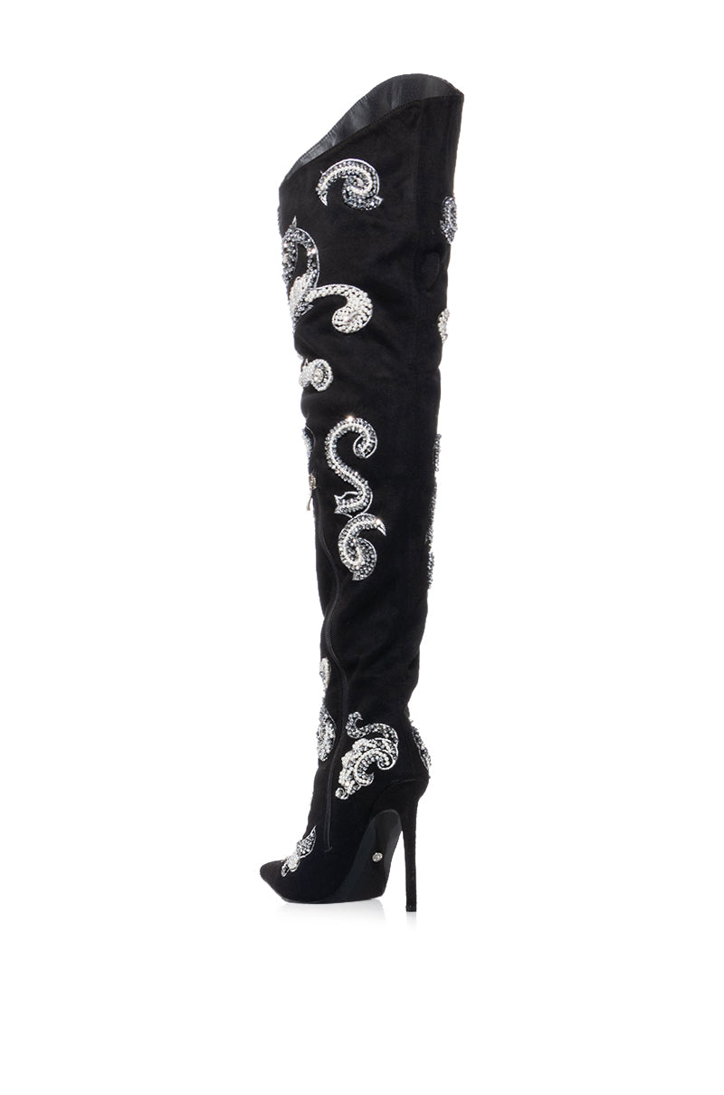 AZALEA WANG EMMETT BEADED EMBELLISHED THIGH HIGH WESTERN BOOT IN BLACK