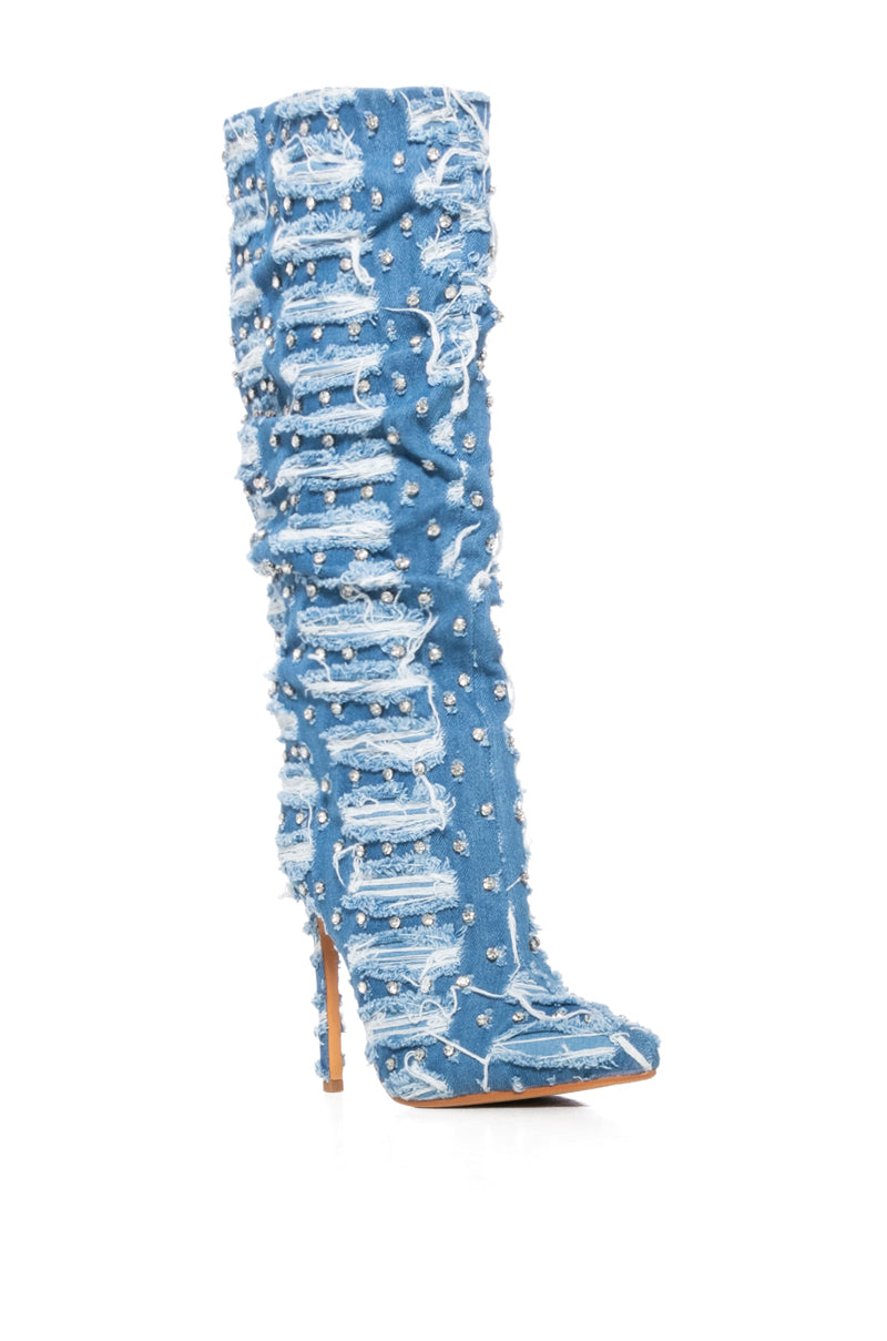 AZALEA WANG ENERGIZED DISTRESSED DENIM AND DIAMONDS BOOT