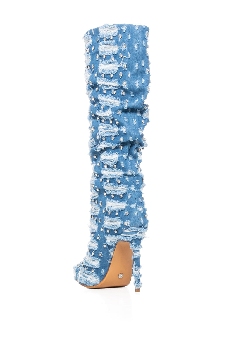 AZALEA WANG ENERGIZED DISTRESSED DENIM AND DIAMONDS BOOT