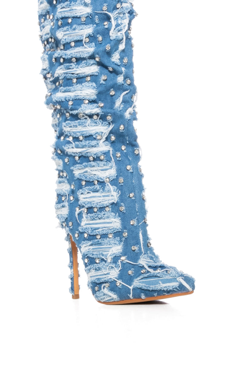 AZALEA WANG ENERGIZED DISTRESSED DENIM AND DIAMONDS BOOT