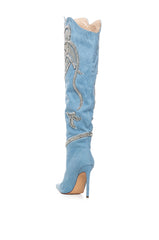 AZALEA WANG EVERLEE DENIM SILVER EMBELLISHED BOOT