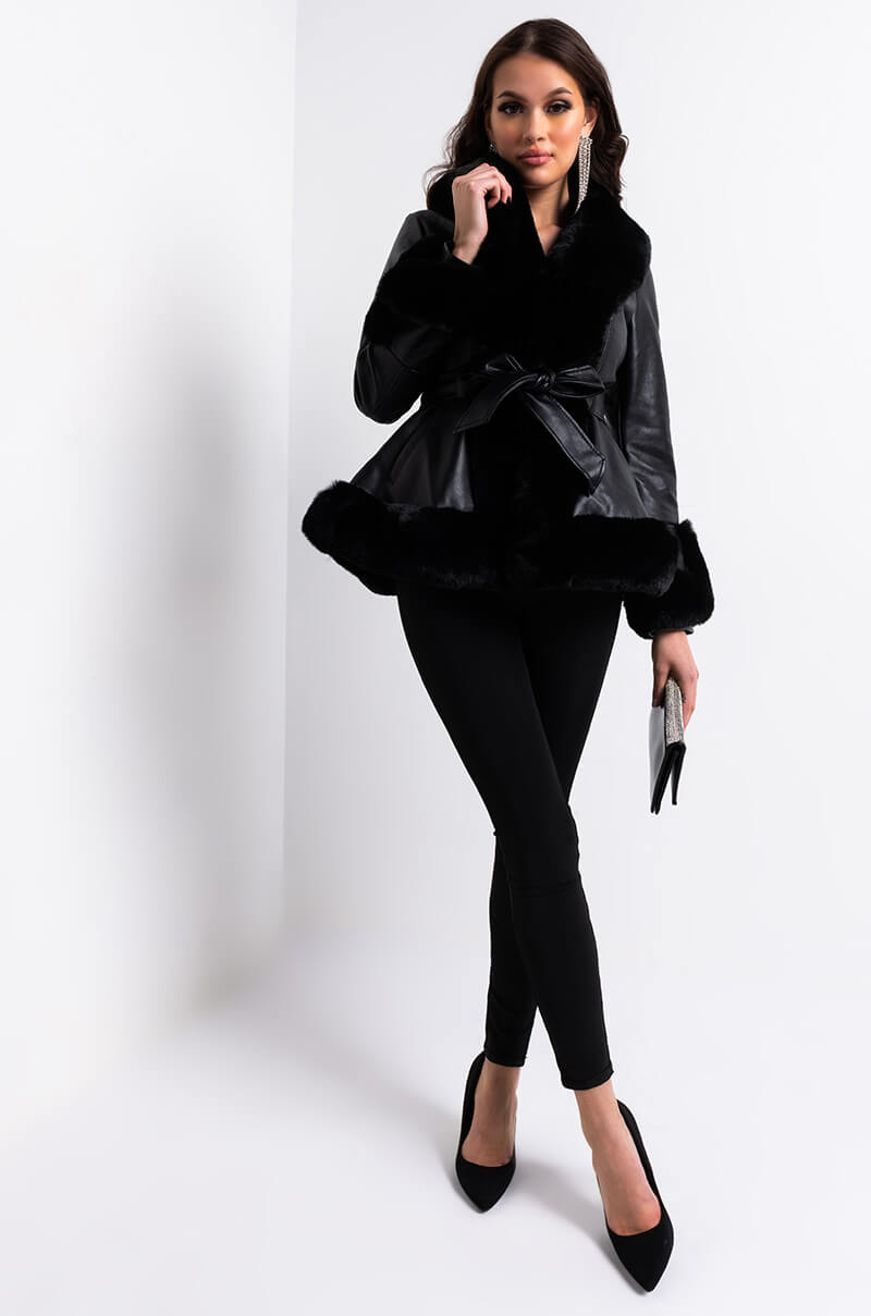 AZALEA WANG FAUX FUR TRIM PEPLUM MOTO