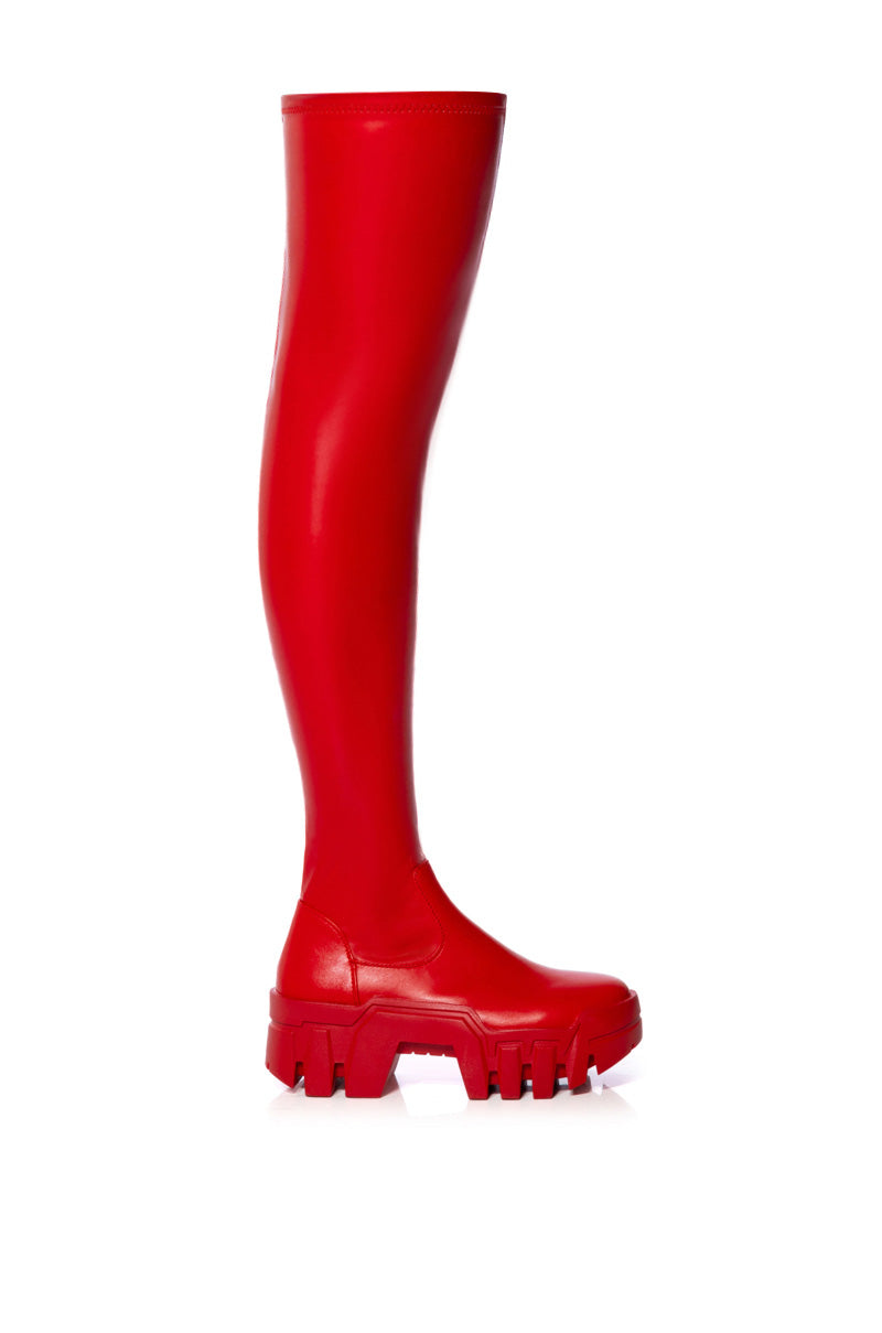 AZALEA WANG FAVORED STRETCH PU THIGH HIGH BOOT IN RED