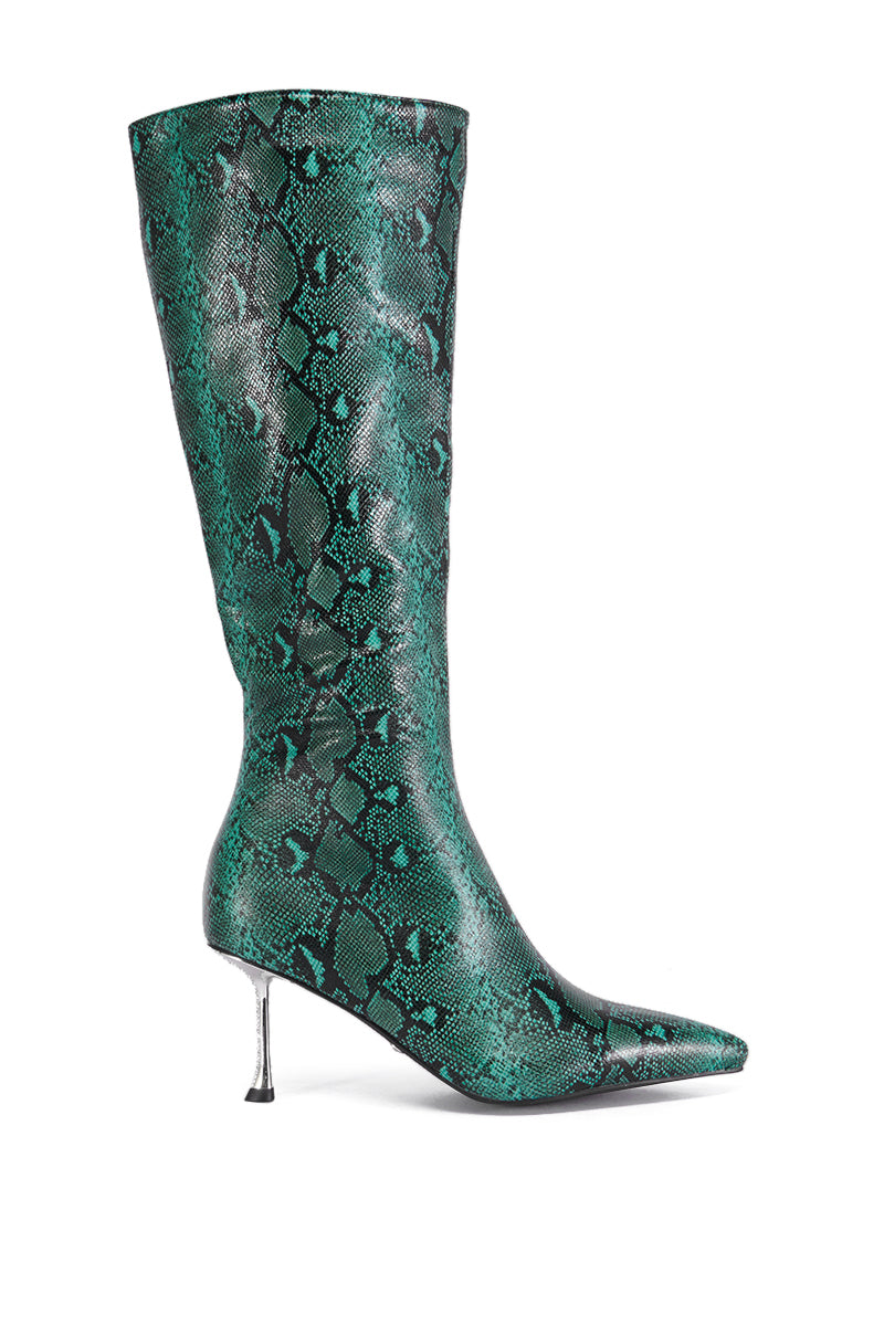 AZALEA WANG JACARANDA GREEN SNAKE EMBOSSED EMBELLISHED HEEL BOOT