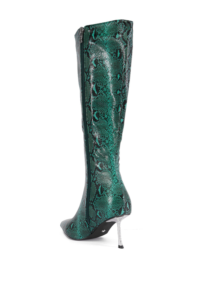 AZALEA WANG JACARANDA GREEN SNAKE EMBOSSED EMBELLISHED HEEL BOOT