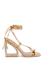 AZALEA WANG LUZETTE RHINESTONE HEEL GOLD SANDAL