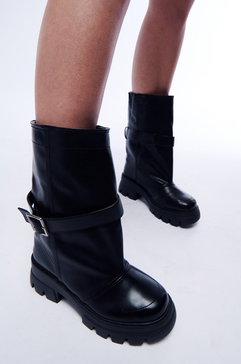 AZALEA WANG MARCELINE BUCKET BLACK FAUX LEATHER BOOTIE