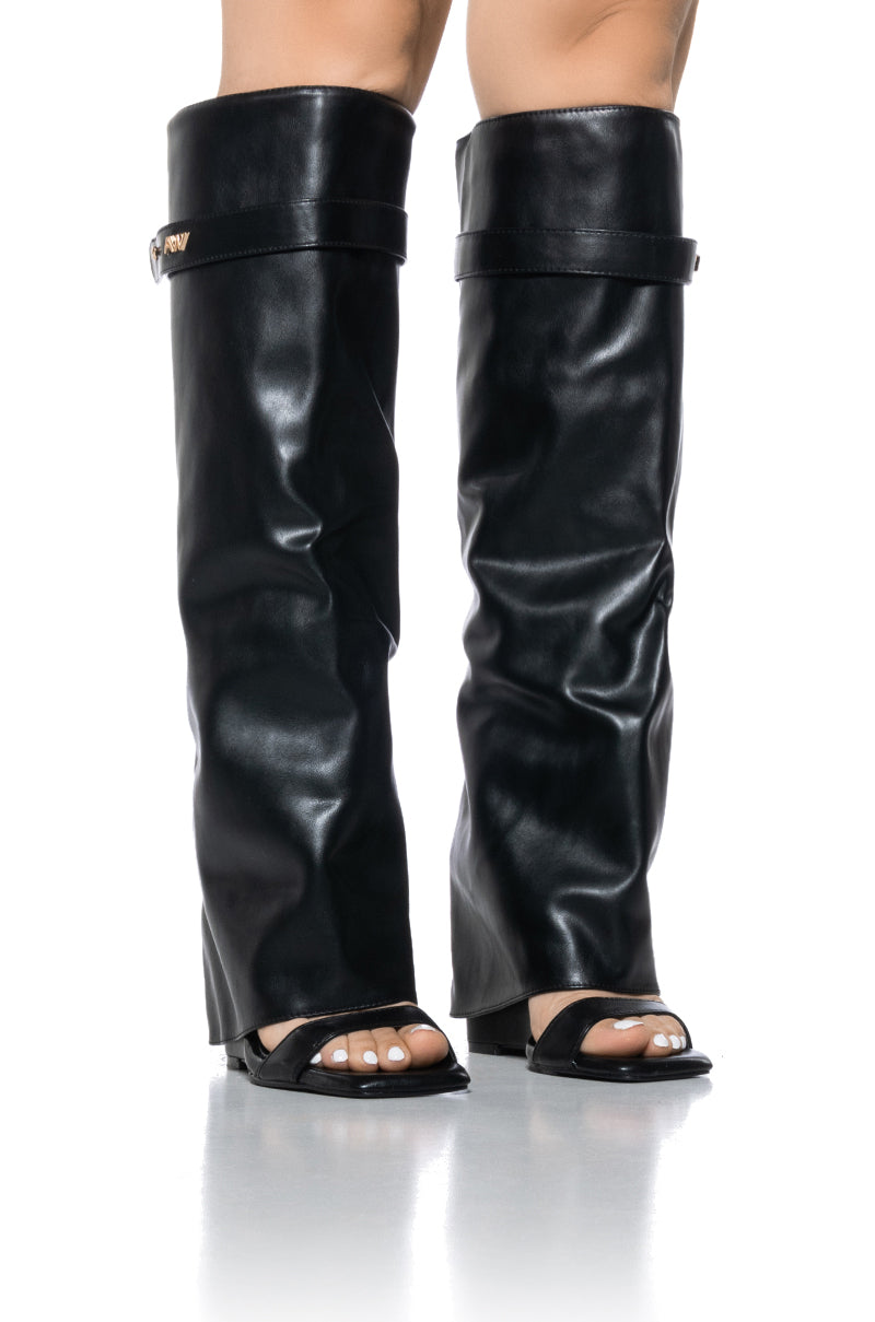 AZALEA WANG MARIETTA FOLD OVER OPEN TOE SANDAL BOOT IN BLACK