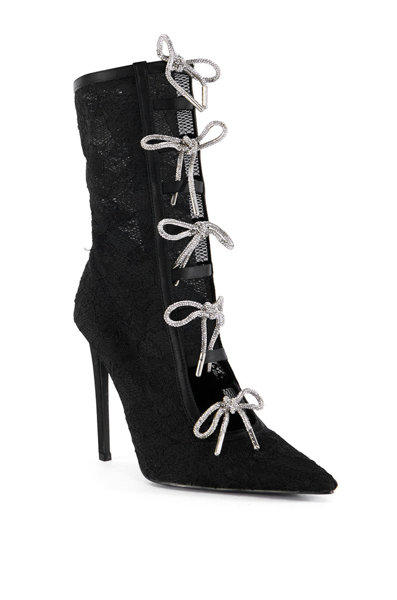 AZALEA WANG NAZANIN BLACK LACE BOOTIE WITH RHINESTONE BOWS