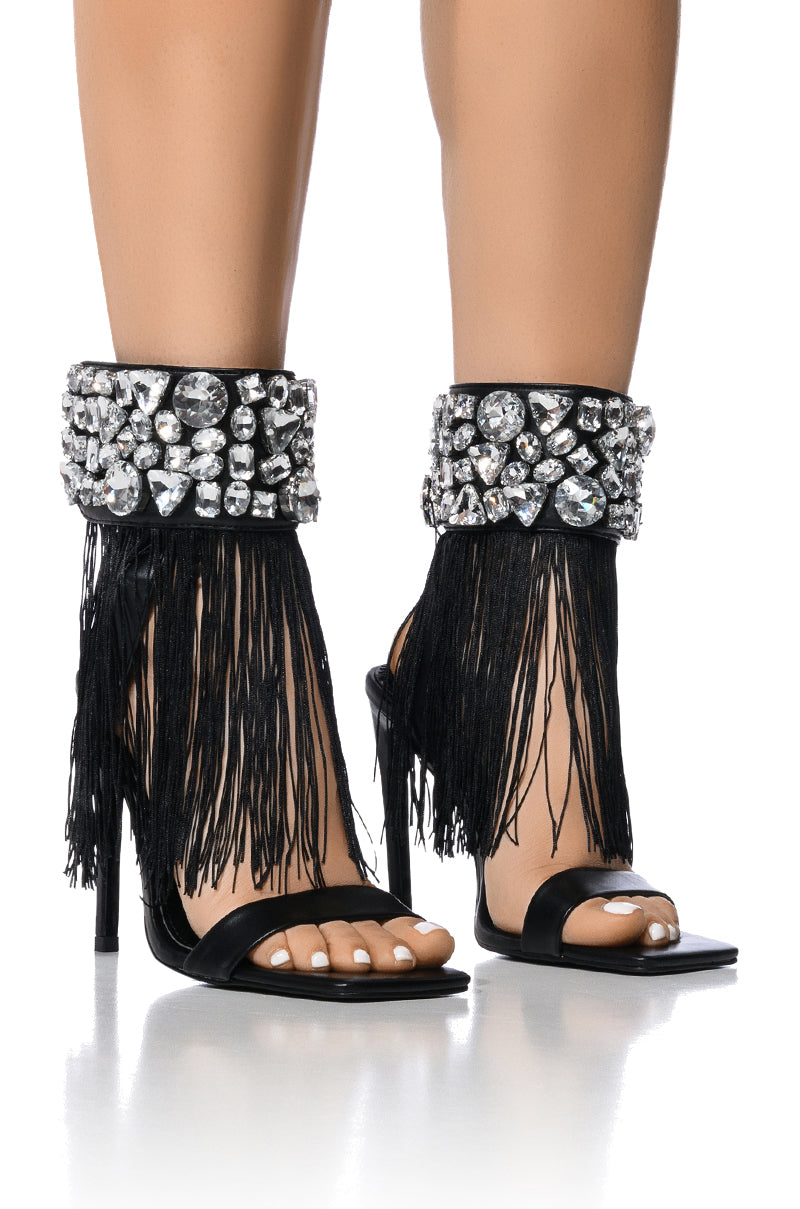 AZALEA WANG NEAVE EMBELLISHED TASSEL SANDAL IN BLACK