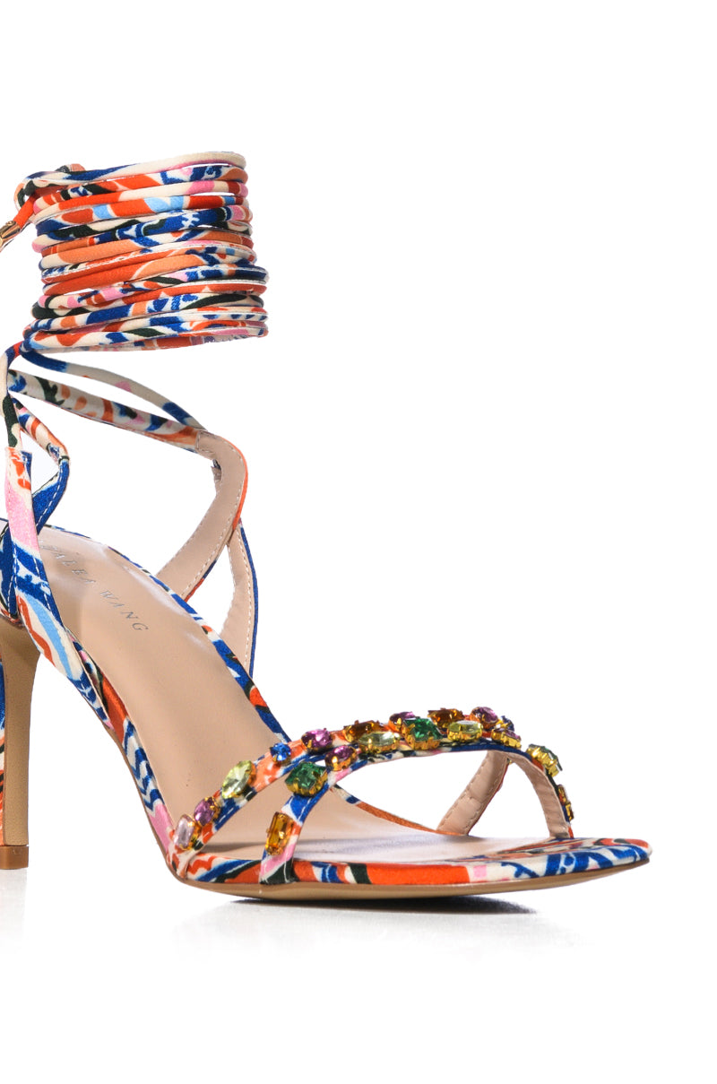 AZALEA WANG RHONDA EMBELLISHED LACE UP SANDAL IN MULTI