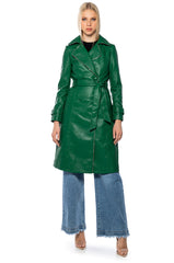 SANDO GREEN PLEATHER TRENCH COAT WITH ZIPPER TRIM