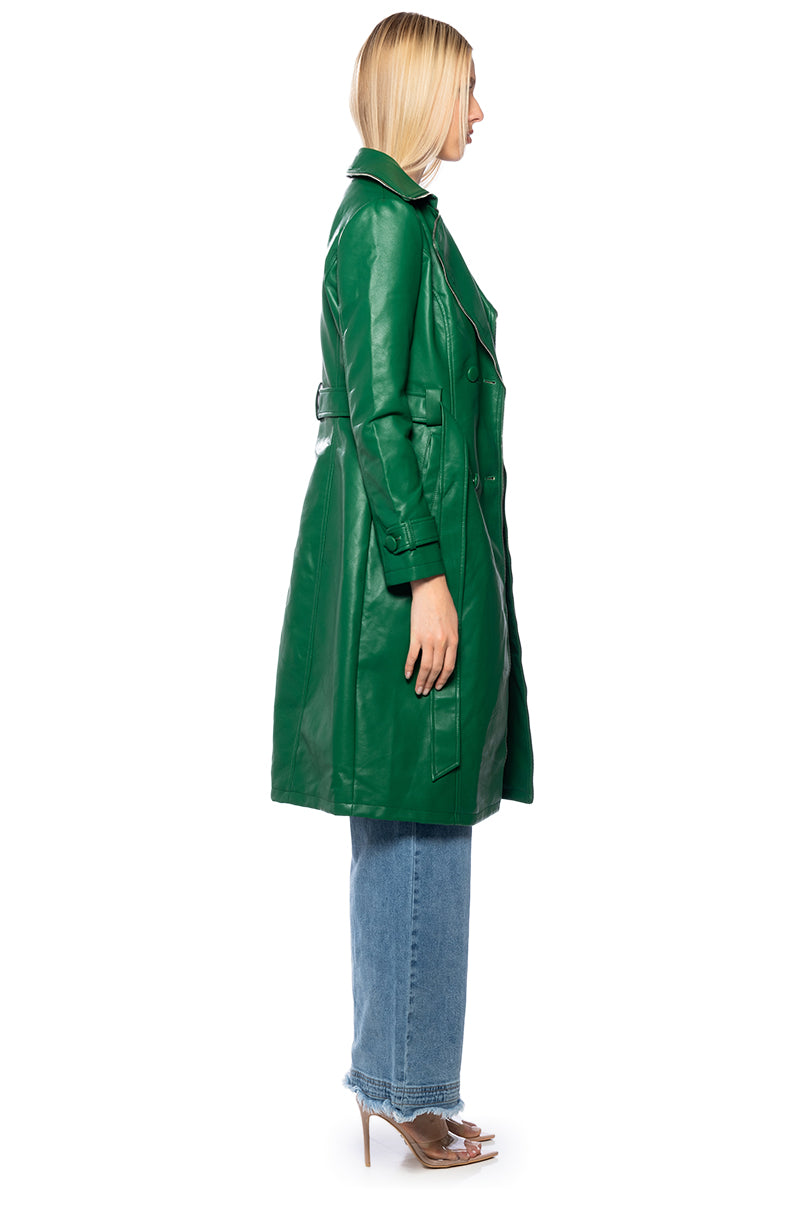 SANDO GREEN PLEATHER TRENCH COAT WITH ZIPPER TRIM