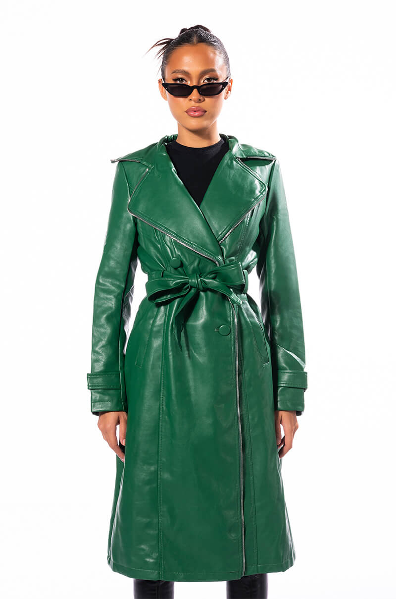 SANDO GREEN PLEATHER TRENCH COAT WITH ZIPPER TRIM