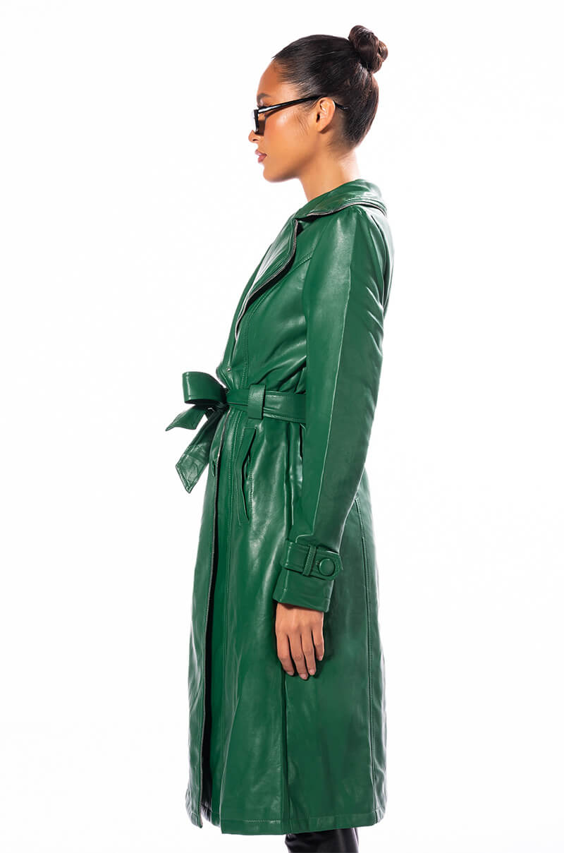 SANDO GREEN PLEATHER TRENCH COAT WITH ZIPPER TRIM