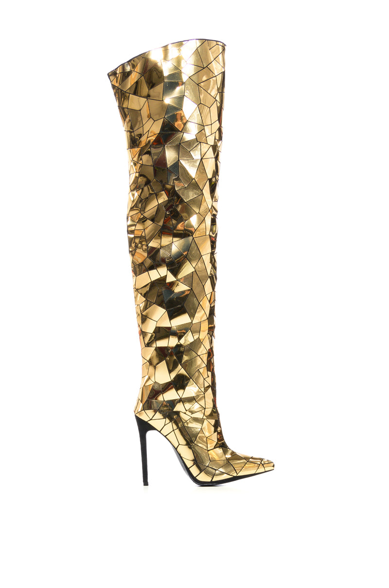 AZALEA WANG SHATTERED METALLIC STILETTO BOOT IN GOLD