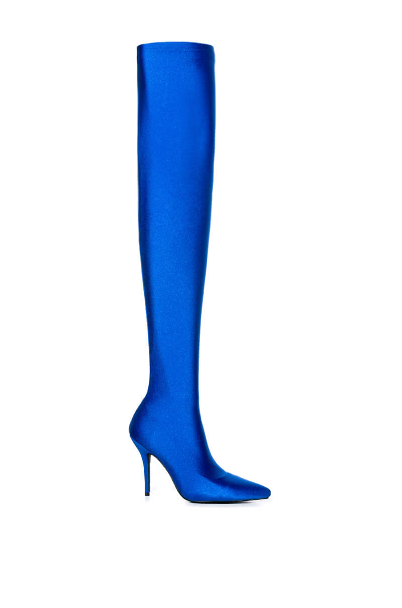 AZALEA WANG HEARTOUT THIGH HIGH STILETTO BOOT IN BLUE STRETCH