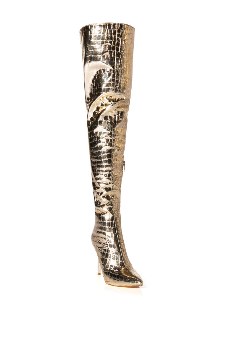 AZALEA WANG THRILLER OVER THE KNEE STILETTO BOOT IN GOLD