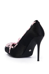 AZALEA WANG XAVIA BLACK SATIN BALLET PUMP WITH RIBBON DETAIL