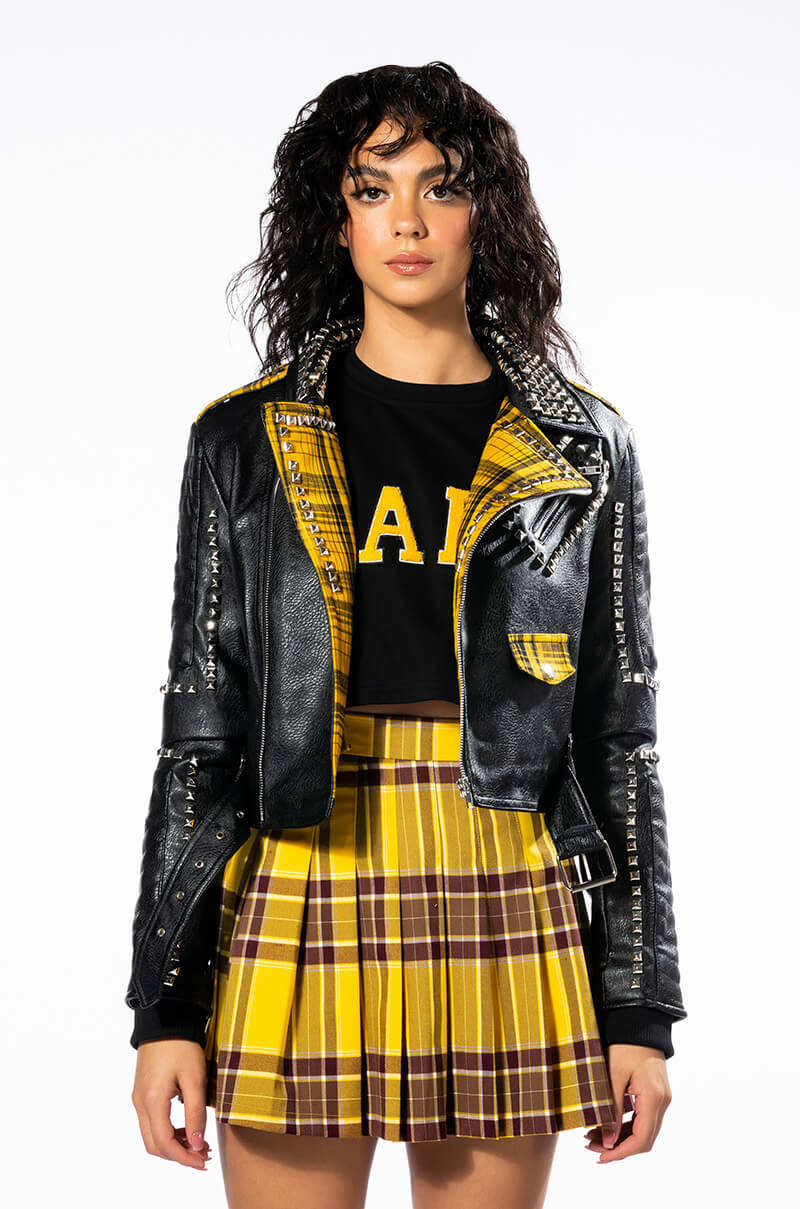 COLLEGIATE BACK TO SCHOOL PLAID MOTO JACKET