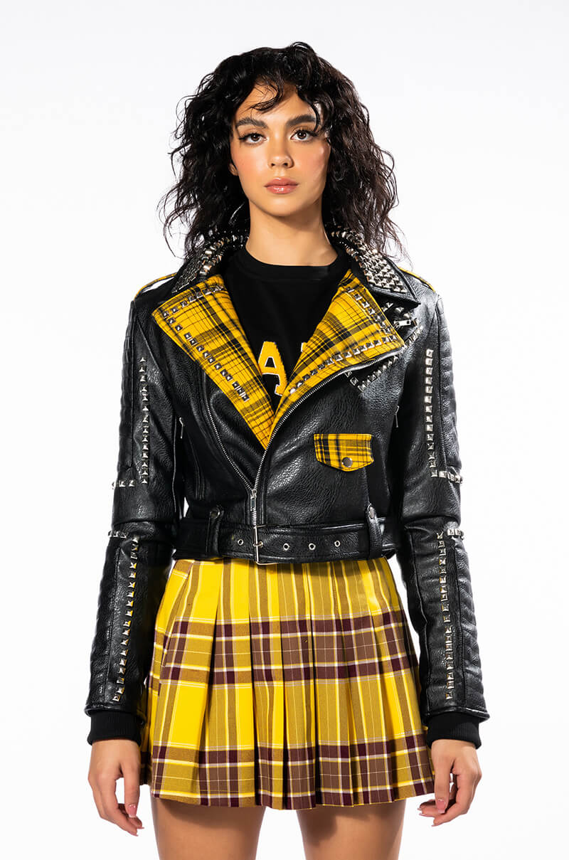 COLLEGIATE BACK TO SCHOOL PLAID MOTO JACKET