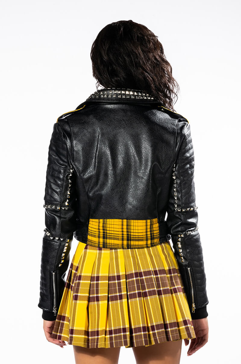 COLLEGIATE BACK TO SCHOOL PLAID MOTO JACKET