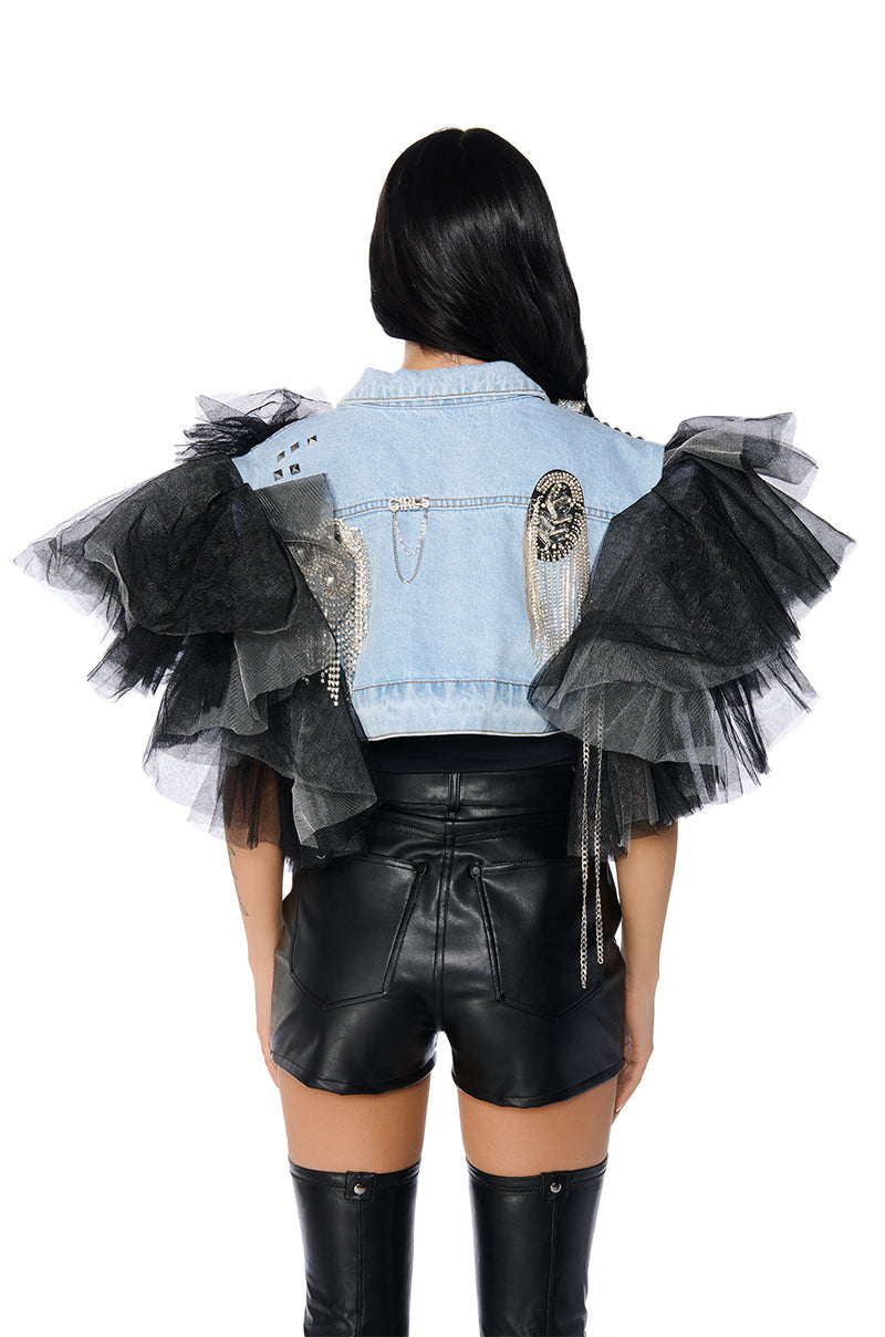 BEBE LUXE EMBELLISHED DENIM AND TULLE CROP VEST