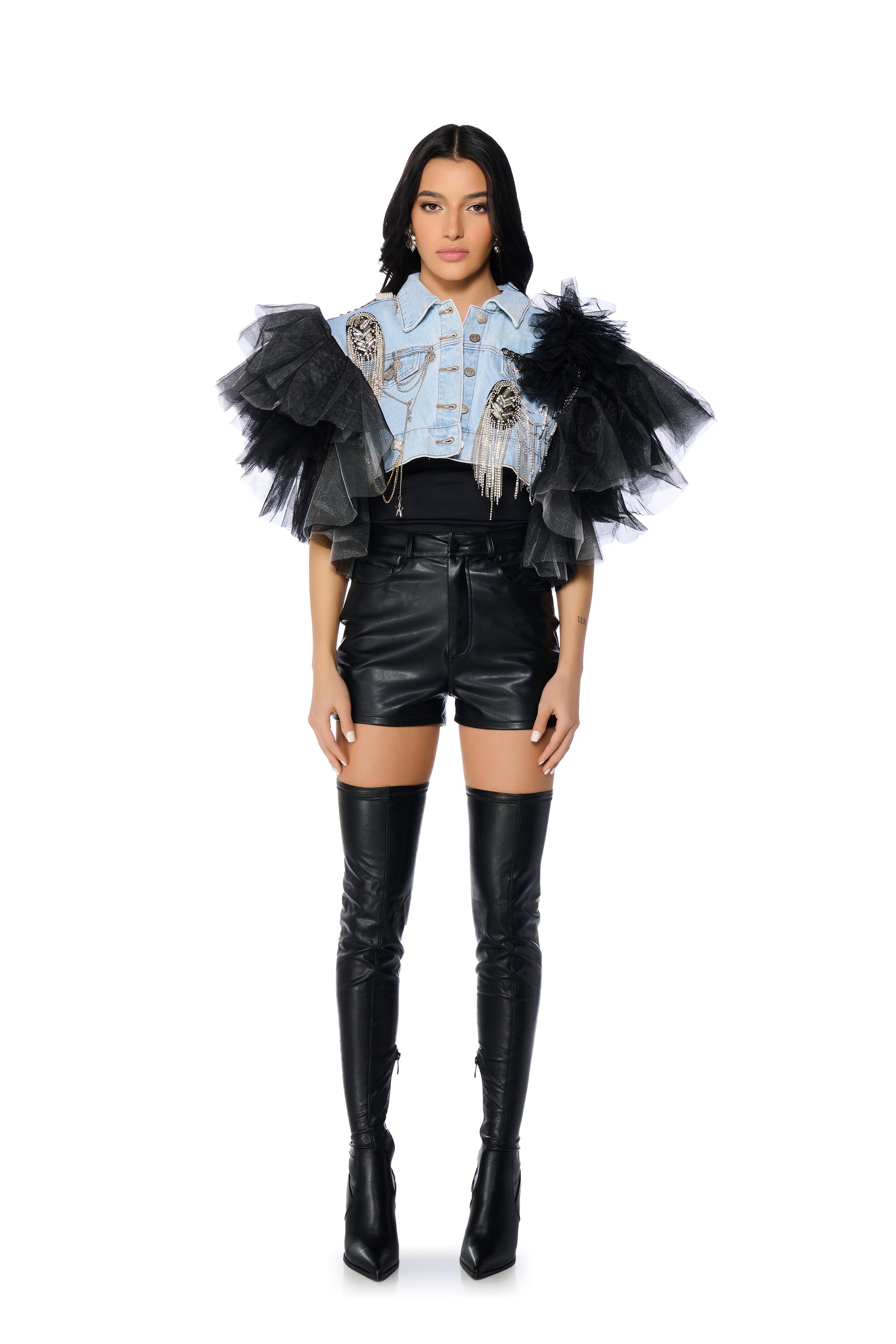 BEBE LUXE EMBELLISHED DENIM AND TULLE CROP VEST