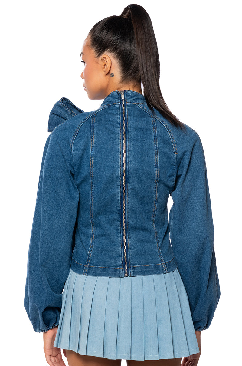 BELIEVE IN MY OWN BOW DETAIL MEDIUM BLUE DENIM TOP