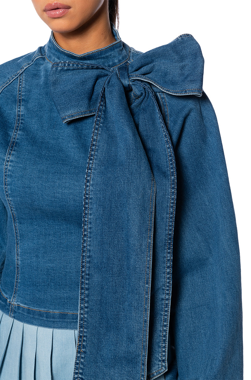 BELIEVE IN MY OWN BOW DETAIL MEDIUM BLUE DENIM TOP