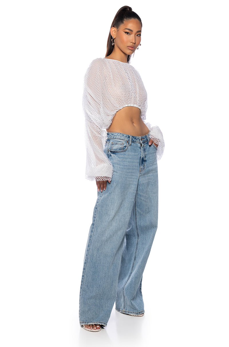 BELLE LONG SLEEVE SEQUIN MESH BLOUSE IN WHITE