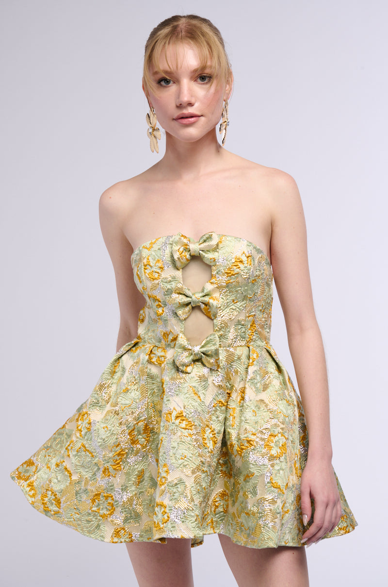BELLE OF THE BALL BROCADE MINI DRESS IN GREEN MULTI
